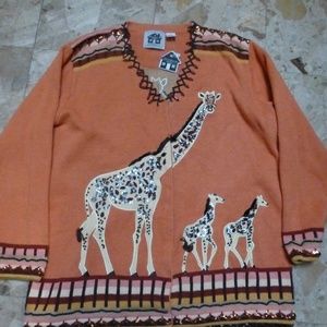 Storybook giraffe cardigan orange and browns 1x